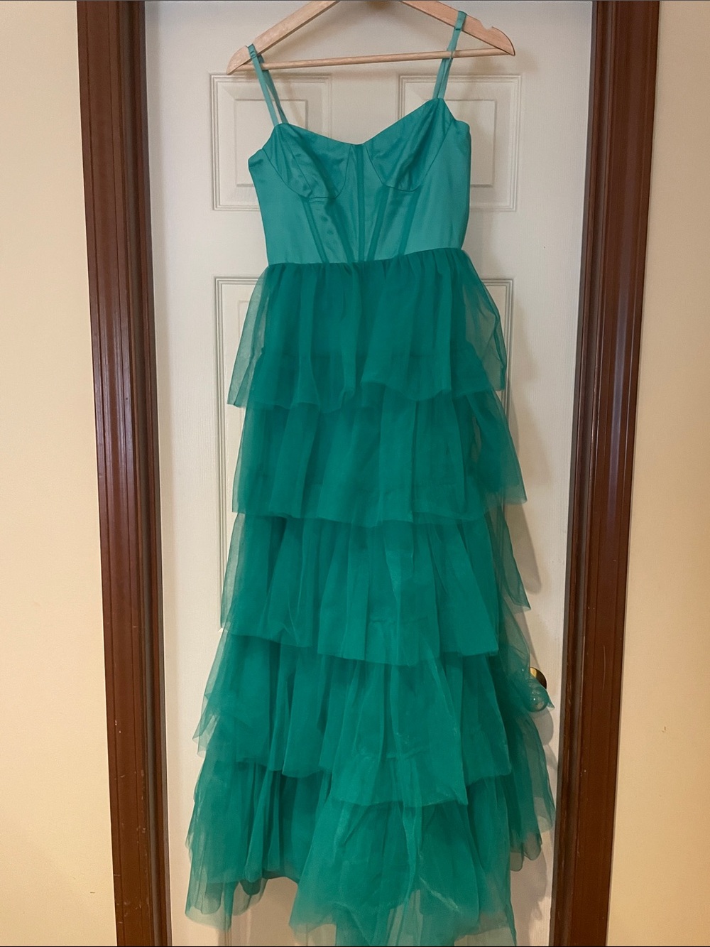 Lulu's Teal Tiered Tulle Formal Dress with Spaghetti Straps